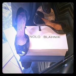 Black Patent Leather Interior Cork Peep Toe Pumps